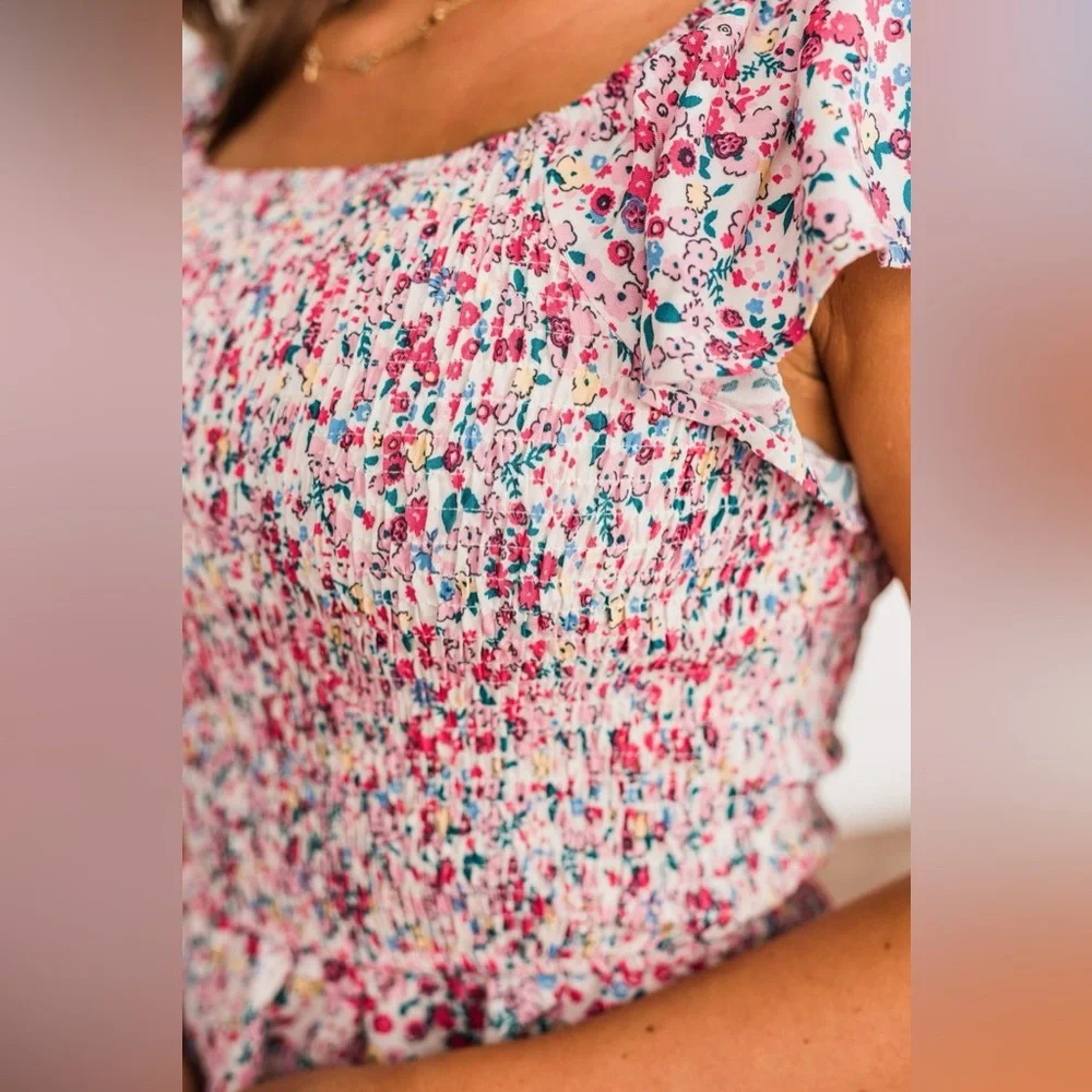 Smocked Multicolored Floral Top Size M - Picture 6 of 7